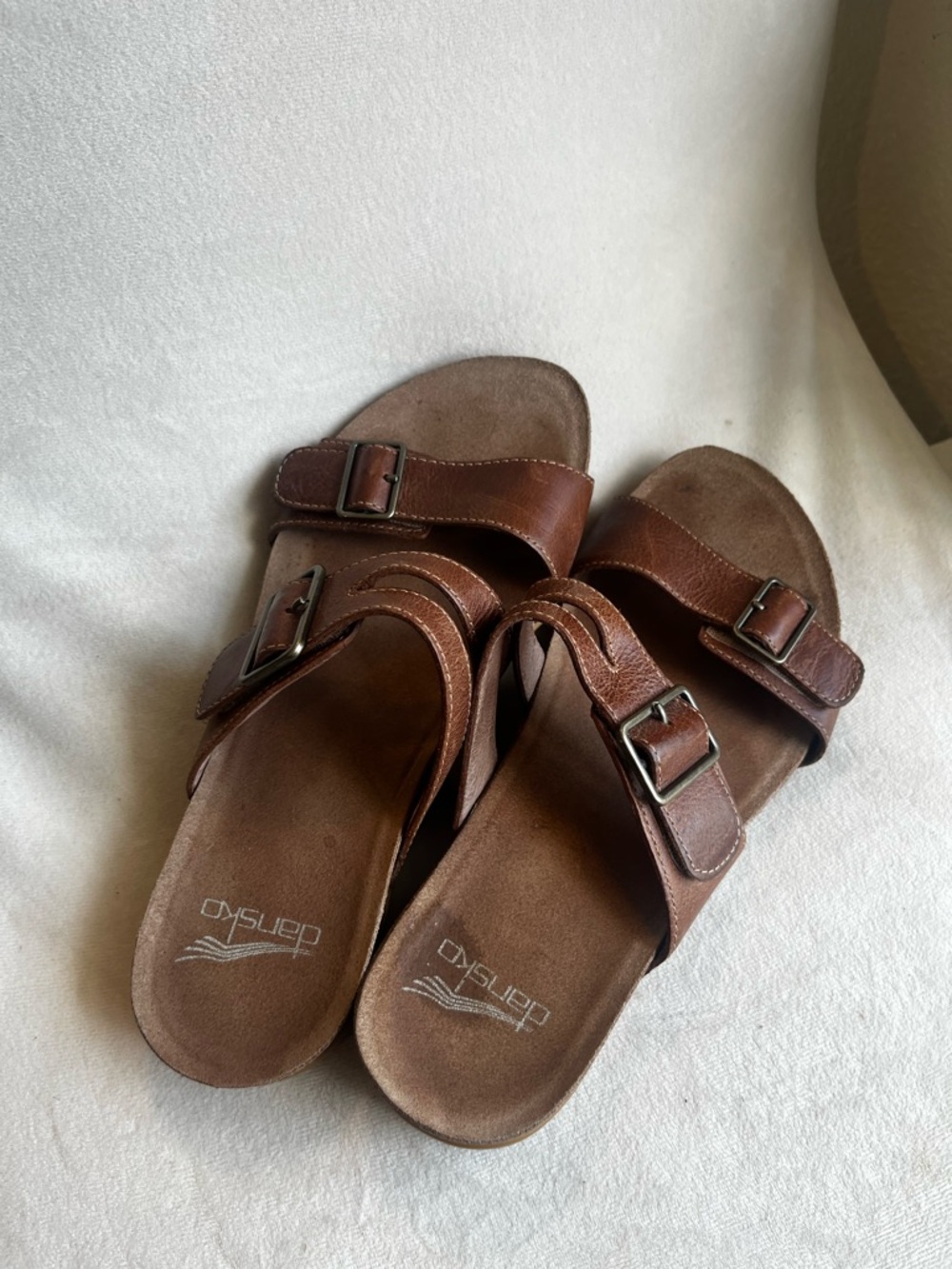 Dansko Brownโ Leather Double-Buckle Slides with Metal Buckles